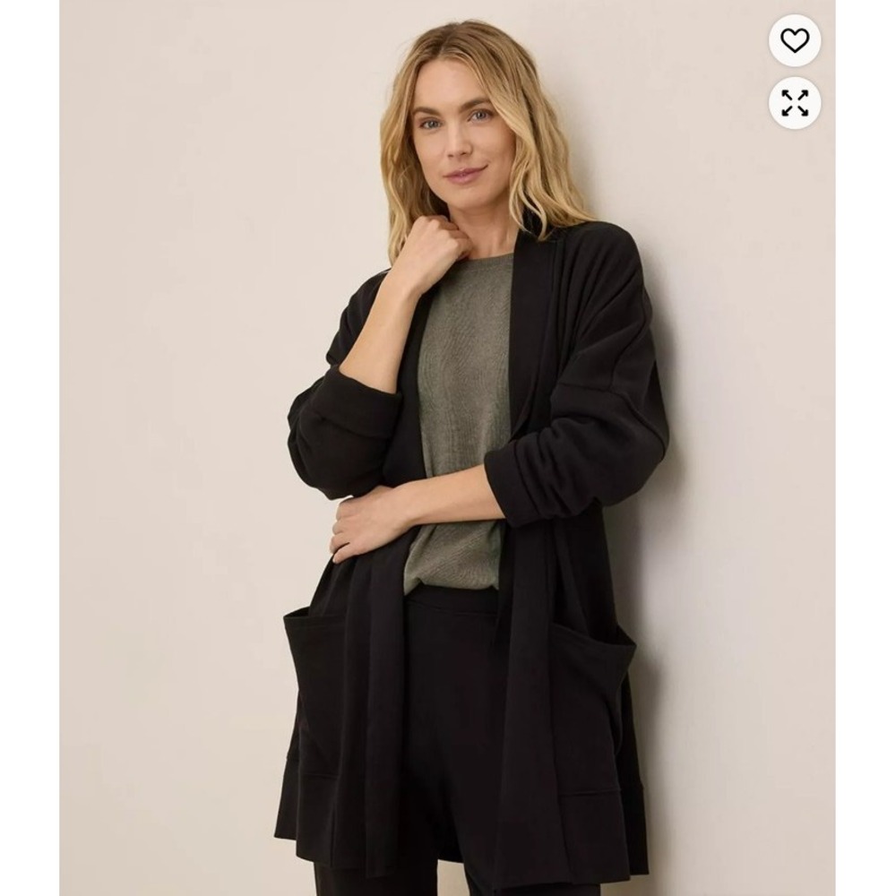 Pact Organic Cotton Airplane Wrap Cardigan Black Relaxed Fit Pockets Womens M/L